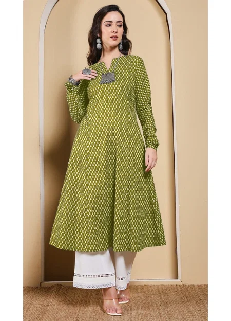 Green Colour Printed Cotton Best Kurtis Wholesale Shop In Surat FAR0121
